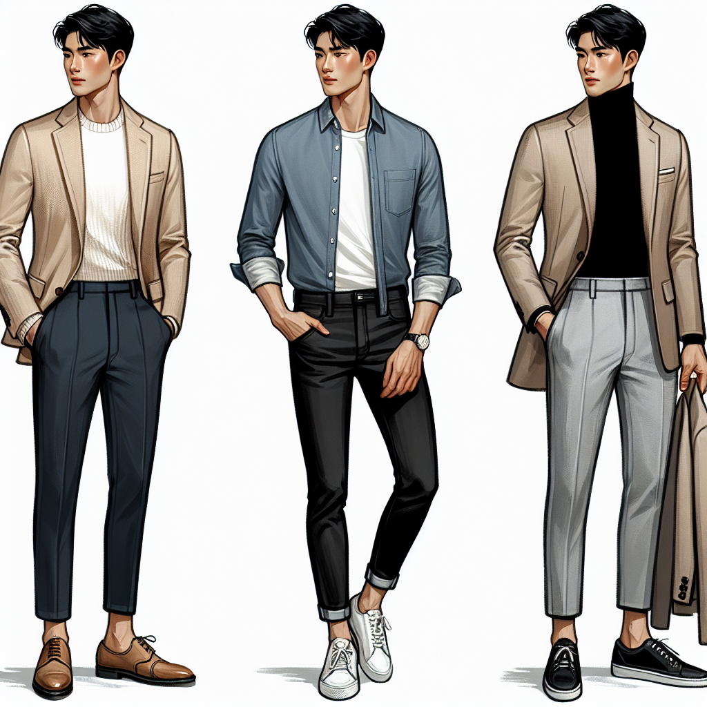 A collection of fashionable outfits based on a beige blazer for men. The first scene shows an Asian man in a sophisticated combination of the beige blazer with a white shirt, navy blue trousers and brown leather shoes. In the second scene, a black man sports the blazer with a light blue denim shirt, black skinny jeans and white sneakers for a more casual look. The third scene features a Middle-Eastern man looking professional in the beige blazer, paired with a black turtleneck, grey trousers and black loafers. All scenes should convey style and elegance.