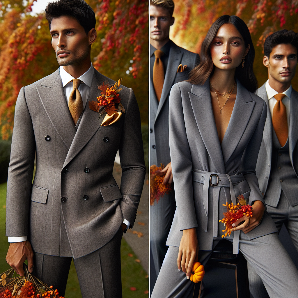 Must-Have Styles for Gray Suits at Fall Garden Parties A beautiful autumn backdrop brings out the compelling elegance of several gray suits making a striking statement at a garden party. The image encapsulates must-have styles with an array of cuts, fabrics and fits. A male model of Hispanic descent sports a double-breasted gray suit with sharp lapels and a complementary yellow silk pocket square, on his arm, a black female model graces a slim-fit charcoal jumpsuit suit with a fresh bouquet of Fall blossoms clutched in her hands. A South Asian male model is seen in background with a modern fit medium-gray suit, paired with a pumpkin-orange tie, perfectly complementing the season.