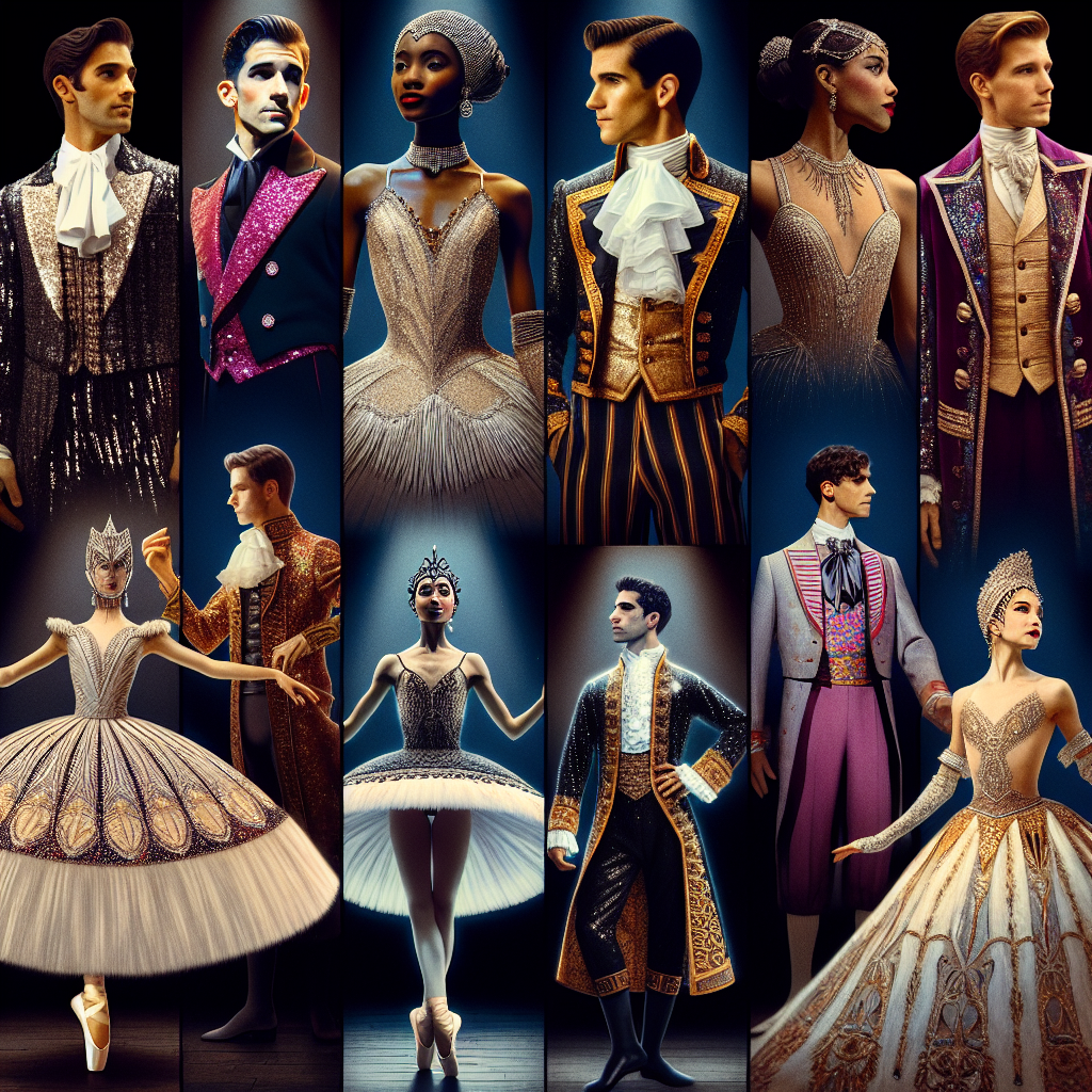 Stunning Outfits for Broadway Musicals: Dress to Impress A montage of stunning outfits designed for Broadway musicals. The montage consists of five different outfits, including a male Middle-Eastern singer's sequined suit, an Asian ballerina's tiered tutu, a Black actor's period costume from a historical drama, a Caucasian actress's glamorous gown for a modern romance, and a South-Asian performer's traditional attire for a cultural play. All display a distinctive flair that reflects the unique theme of each musical they belong to, with expert attention to detail that truly impresses.