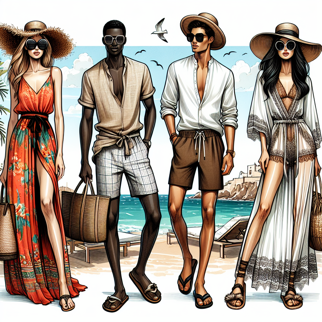 An illustration bringing together different beach club outfits that are a must have for fashion-forward individuals. The scene should include three individuals wearing trendy beach club attire. Person one, a Caucasian woman, wearing a vibrant, breezy maxi dress with oversized sunglasses and a straw hat. Person two, a Black man in a linen shirt paired with stylish shorts and flip-flops. Person three, a Middle-Eastern woman, donning a chic cover-up over her swimsuit with fashion sandals and a boho bag. The scenery should speak to a beach atmosphere with touches of luxury typical of beach clubs.