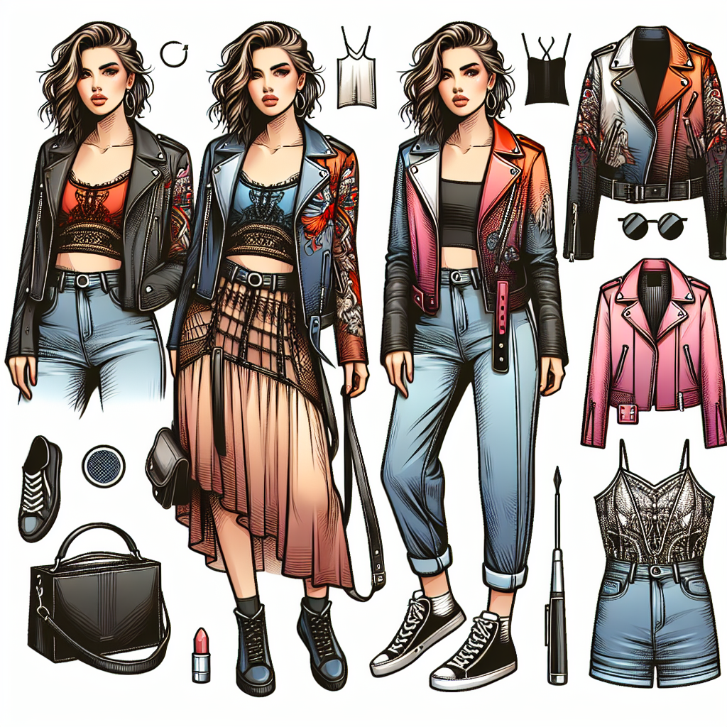 Create a style-focused image displaying must-have concert outfits. Picture a lady with a modern, edgy fashion sense to fit a concert setting. She should be seen in a detailed and vividly colored leather jacket, paired with casual yet stylish attire suitable for a contemporary music event. Include elements that hint at it being a concert, like stage lights or musical instruments, but avoid direct references to specific performers.
