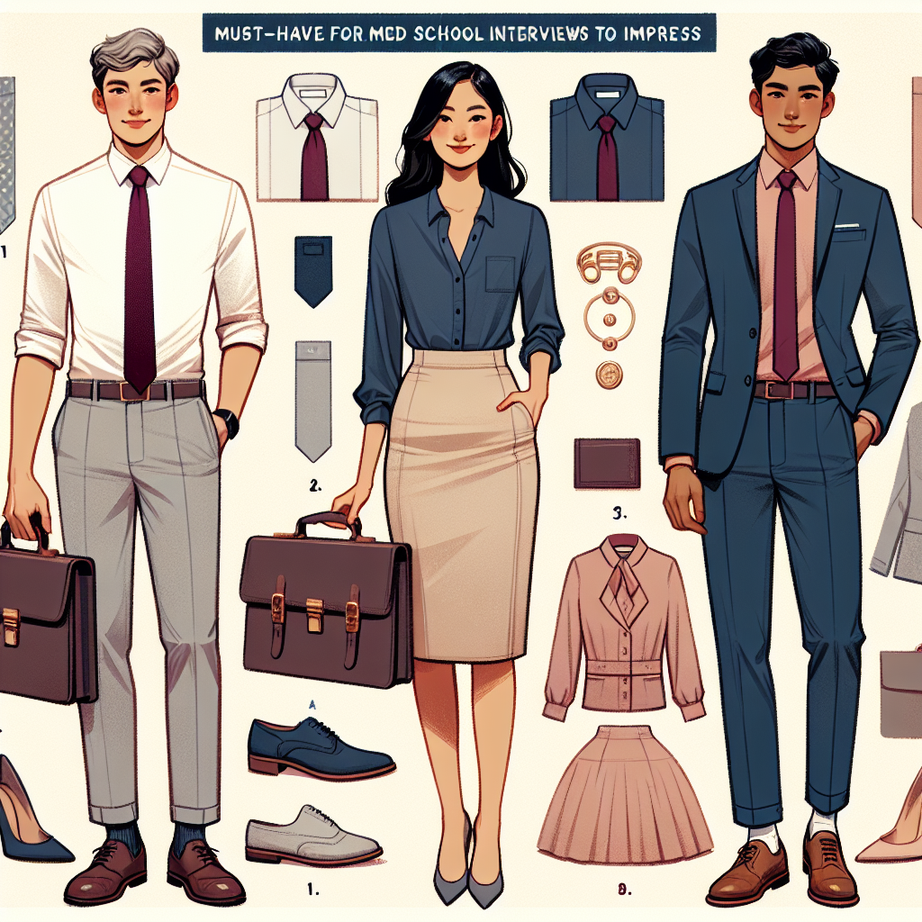 A fashion guide themed 'Must-Have Looks for Med School Interviews: Dress to Impress'. Depict a grid of three different outfits suitable for med school interviews. 1) On the left side, display a caucasian male in a light gray suit, white shirt, and burgundy tie. 2) In the middle, show a black female in a navy blouse paired with a beige pencil skirt. 3) On the right side, illustrate a south Asian male in a navy blue blazer over a pastel-colored shirt. Also add accessory suggestions like briefcases, portfolios, classy footwear, and minimal jewelry.