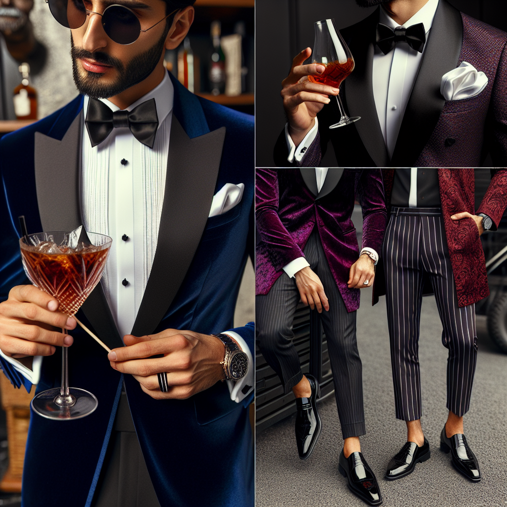 An elegantly dressed Middle-Eastern man at a cocktail party, wearing a sharp tailored blue tuxedo, a white silk pocket square peeping out of the breast pocket, a shiny black bow tie, and glossy black leather shoes. He holds a cocktail glass in his hand, sipping it leisurely. In another scene, a South Asian man displays panache in a burgundy velvet blazer over a black satin shirt, paired with pin-striped trousers and two-toned brogues, engaged in a jovial conversation. These are some of the stunning picks for men's cocktail party outfits.