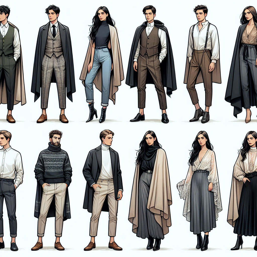 Must-Have Styles: What to Wear Under a Cloak Create an image showcasing a detailed fashion guide on must-have styles to wear under a cloak. Display an array of six diverse individuals, illustrating different styles. The first person is a Middle-Eastern male wearing a stylish vest and tailored trousers. The second, a Black female donning a chic turtleneck and high-waisted jeans. The third, a White male in a crisp button-down shirt and chino pants. The fourth, a South Asian female with a flowing maxi dress. The fifth, a Hispanic male in a cozy pullover and khakis. Finally, the sixth, a Caucasian female in a lace blouse and pleated skirt. Each person should be partially draped in various styles of cloaks.
