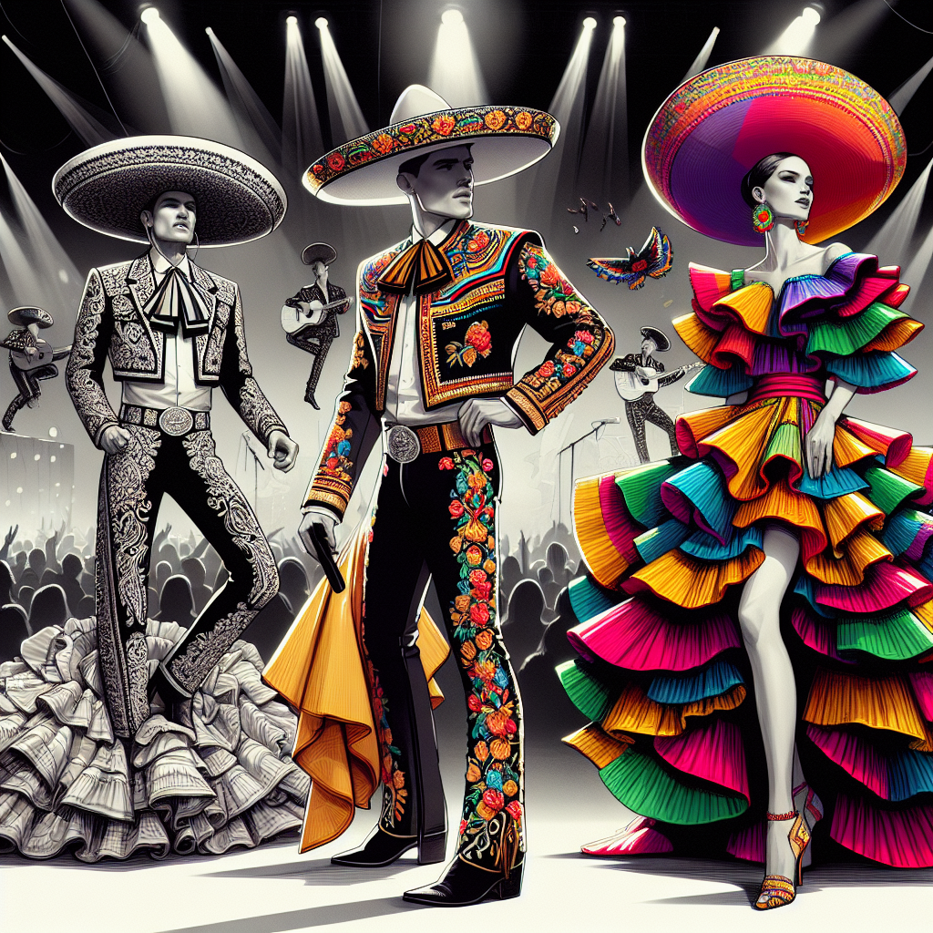 Imagine a collection of must-have outfits suitable for a mesmerizing Mexican concert. The first is a traditional charro outfit worn by a Mexican man, complete with an elaborately embroidered jacket, tight black pants, and a wide-brimmed sombrero. The second is a vibrant, multilayered folklorico gown sported by a Latina woman, its colorful ruffles resembling the wings of a tropical bird in motion. The final is a contemporary outfit, a balance of urban style and cultural influences, worn by a Mexican American teenager. The scene is bursting with the pulsating energy of music and joyous celebration.