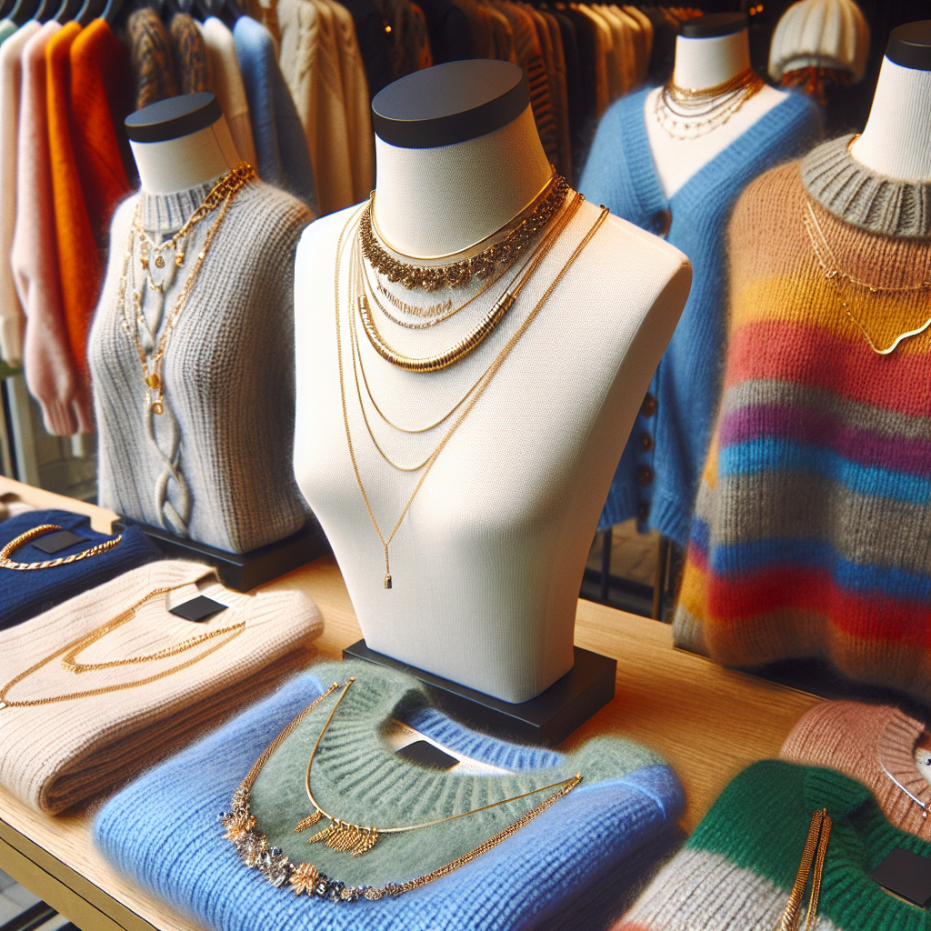 Must-Have Necklaces for Crew Neck Sweaters A fashion-focused display showcasing a variety of must-have necklaces, specifically curated to enhance crew neck sweaters. This includes an array of different pieces, from delicate golden chains to bold statement necklaces, all presented against a backdrop of colorful, knitted crew neck sweaters. The scene is carefully arranged to highlight how the unique features of each necklace complement the simplicity of the crew neck design, demonstrating how accessorizing can uplift an outfit.