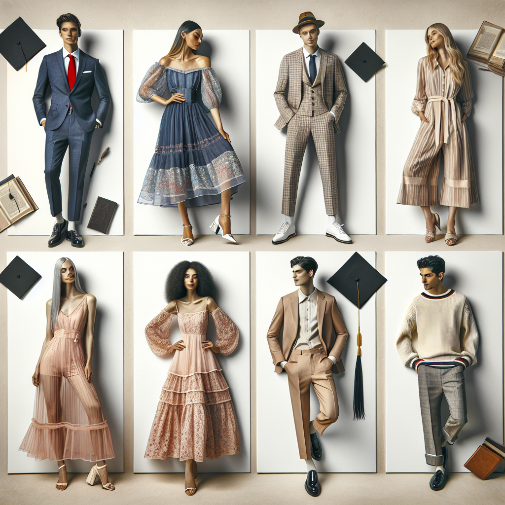 An image showcasing a diverse range of graduation outfits, tailored for different styles and tastes. Include at least three individuals: a Caucasian male wearing a navy blue suit with a red tie, a Hispanic female in an elegant summer dress of pastel colors, and a Middle-Eastern gender-neutral person sporting a smart-casual style layered outfit. Layout could be like a catalogue spread with each individual on different spaces or corners, stylishly showing off their outfits. In the pages' center, place a black graduation cap symbolizing the theme of the image. Capture a tone of excitement, pomp, and class.