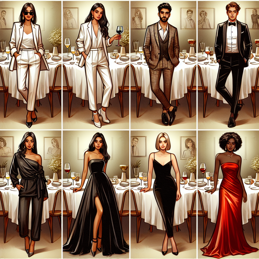 Visualize a variety of stunning dinner outfits for different occasions. Imagine a chic white silk suit for a business dinner worn by a confident Hispanic woman. Picture a casually elegant jumpsuit worn by a South Asian man for a dinner date. Visualize a luxurious black taffeta gown worn by a Caucasian lady for a gala event. Also, picture a classic black velvet suit worn by a Middle-Eastern man for a formal dinner. Finally, envision a red satin cocktail dress worn by a Black woman for a festive dinner party. All showcasing diversity and style.