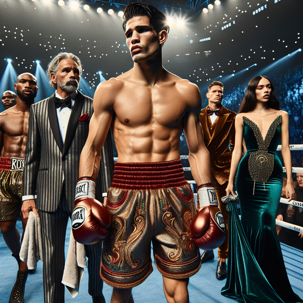 Imagine a flurry of action and adrenaline-fueled intensity at a premier boxing match. Now, shift your focus to the unique fashion aspects that captivate your attention! Visualize a male boxer of Hispanic descent, clothed in shimmering metallic gold and red shorts with intricate stitchworks and matching gloves. His Hispanic female trainer in a sleek grey suit with a red silk tie, holding a towel and a water bottle. To the side, a Caucasian male referee in classic black and white striped attire, and a Black female ring announcer elegantly dressed in a formal emerald gown, holding a microphone. Capture their confident stances and fashion-forward ensembles, all set against the backdrop of an electrified crowd.