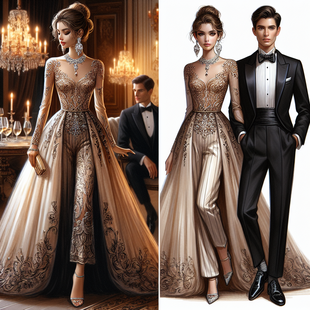 Visualize an ensemble appropriate for a gala dinner. Imagine a woman of Hispanic descent wearing an elegant floor-length gown with intricate embroidery, her hair styled in a sophisticated updo. She wears opulent jewelry including sparkling drop earrings and a matching necklace. Complementing her attire is a man of Caucasian descent, donning a sharp black tuxedo, a bow tie, and polished shoes, his hair neatly combed back. The background holds a hint of luxurious setting, suggesting chandeliers and velvet drapes, capturing the stunning, effortless style of the evening.
