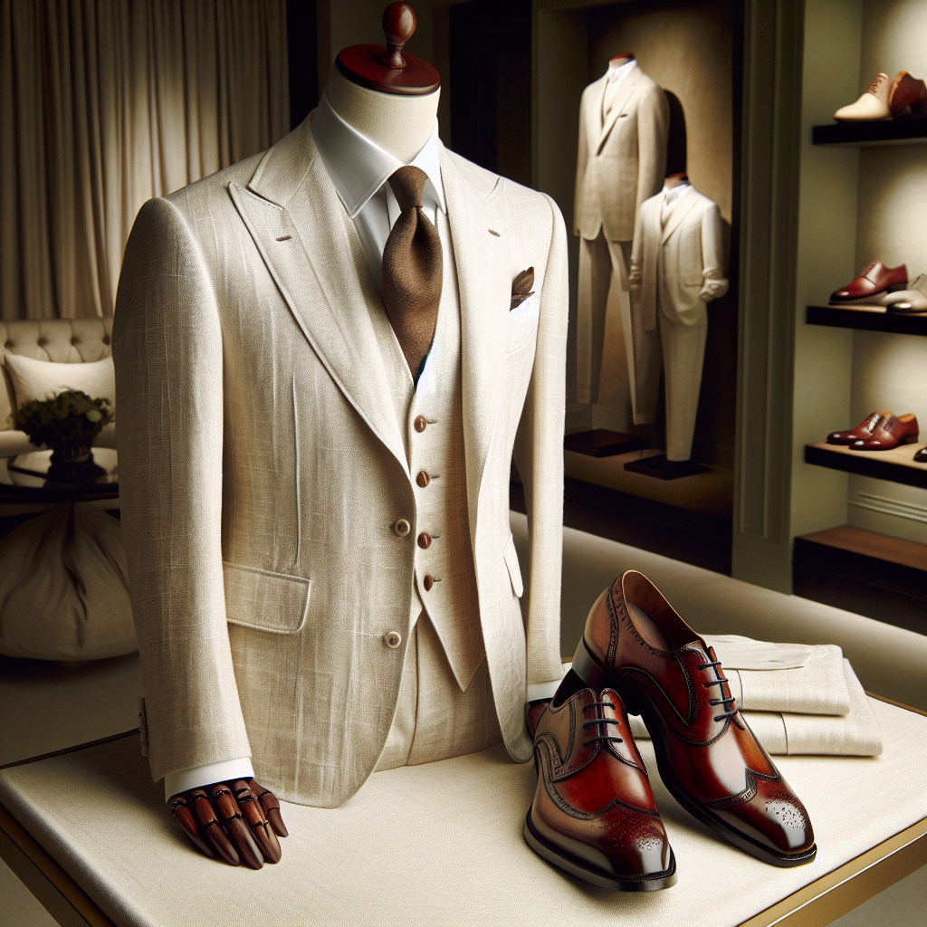 Stunning Shoe Styles for Linen Suits: Effortless Elegance Imagine an exquisitely tailored linen suit, naturally off-white in color, with subtle hints of texture. Displayed on a mannequin of a South Asian man, the suit carries an effortless elegance. Now, add a pair of polished leather shoes, mahogany brown, with intricate detailing that speaks of careful craftsmanship. The shoes exude a firm yet graceful style, perfectly complementing the suit. The scene is arranged against a soothing backdrop of an elegant showroom. Let the aura of effortless elegance engulf the entire setting, capturing the essence of 'Stunning Shoe Styles for Linen Suits'.