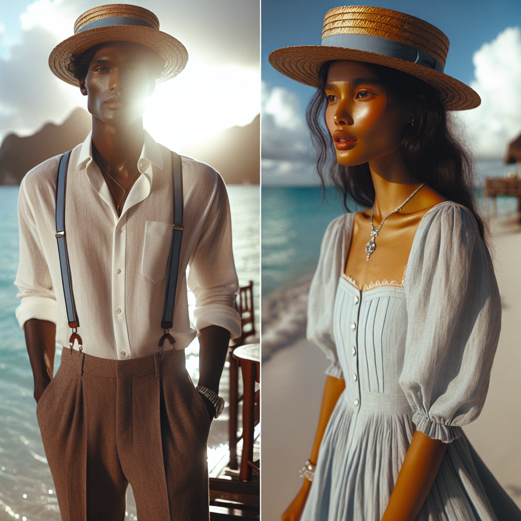 Picture this: a seaside wedding with an atmosphere of effortless elegance. The perfect ensemble for this occasion is cruise style fashion. Imagine a tall, Black man dressed in a crisp white shirt, blue suspenders, and brown trousers. His shoes are polished, and a straw boater hat sits jauntily on his head. In contrast, a South Asian woman dons a light linen dress in shades of pale blue, reminiscent of the ocean. She adorns herself subtly with silver jewelry and completes her look with comfortable white sandals. The sun's radiant glow and the background of an idyllic beach perfectly encapsulates this relaxed, yet stylish, scene.