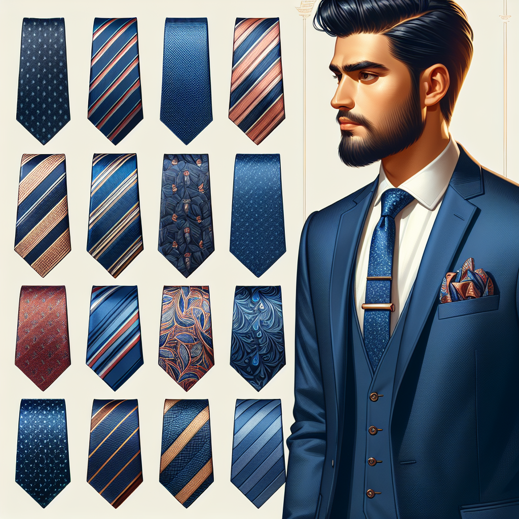 Must-Have Ties for Navy Suits: Best Picks for Meetings A diverse range of tie options displayed with a navy suit. Show six ties of different styles and patterns such as stripes, solid colors and paisley, chosen to pair perfectly with a navy suit. The chosen ties should blend harmoniously with the suit and add a touch of elegance necessary for formal meetings. Additionally, depict a South-Asian man in a navy suit, showcasing one of the ties, to illustrate the perfect pairing and provide an example of how to wear it.