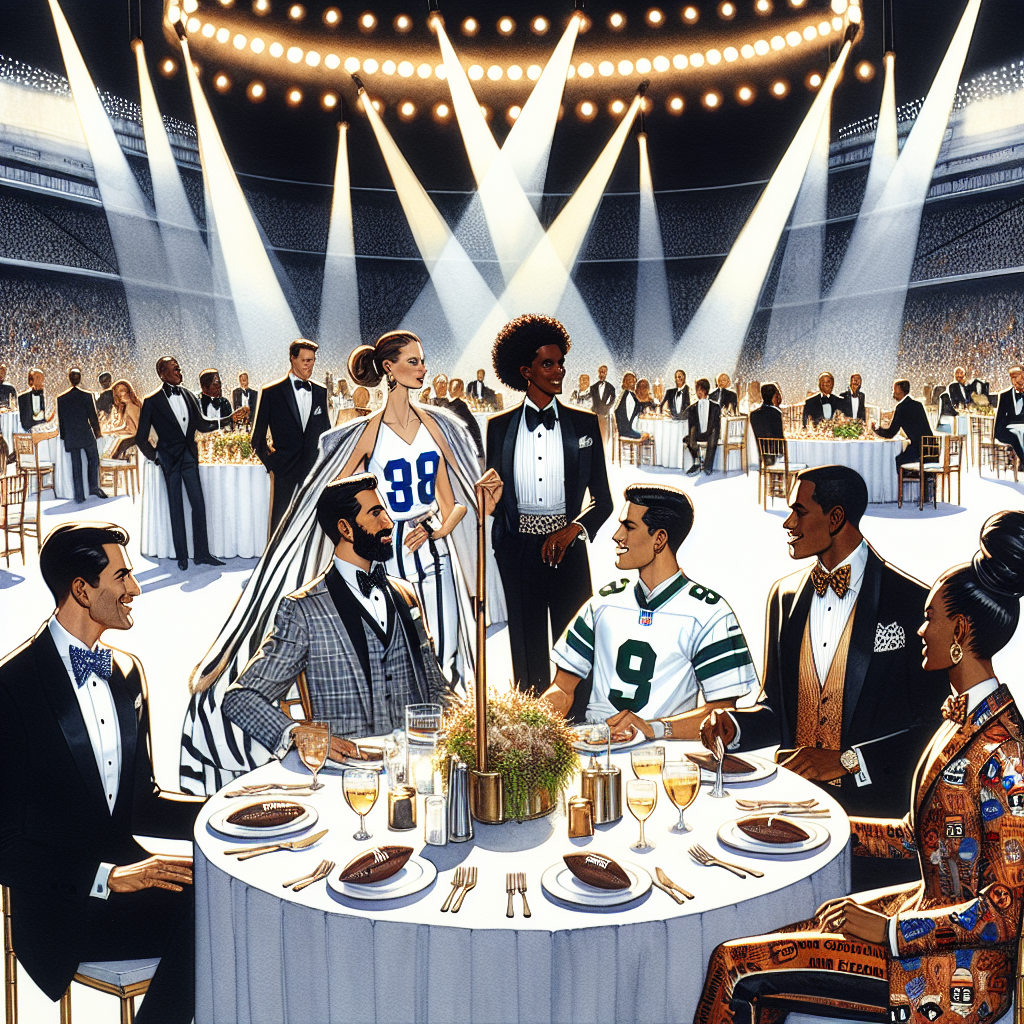 Football Banquet Style Guide: Must-Have Looks! Illustrate a fashionable scene at a football banquet. The setting is grand, with an immaculate stage, bright spotlights, and attendees gathered at round tables draped with elegant cloths. Also depicted are a variety of must-have styles. A Black woman in a tailored tuxedo is conversing with a South Asian man, swapping stories about their games. Nearby, a Hispanic woman stones in a graphic jersey dress, while a Middle-Eastern man sports a team-inspired coloured bowtie and pocket square. Their glamor radiates the spirit of the sport while maintaining a luxurious quality.