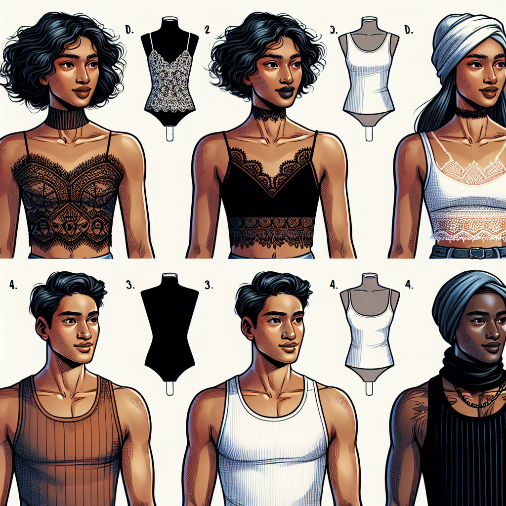 Discover Stunning Outfits for Under Your Tank Top Imagine a fashion article showcasing variety of stylish outfits that can be worn underneath a tank top. Display an array of stunning options, each designed keeping comfort in mind. Illustrate four models presenting the outfits. First depicts a South Asian woman wearing a lace bandeau, second, a Caucasian woman in a sports bra, third, a Middle-Eastern man in a thin, thermal undershirt, and fourth, a Black woman sporting a tube top. All of them should be wearing tank tops, allowing their undergarments to peek out and proudly showcase their fashionable choices.