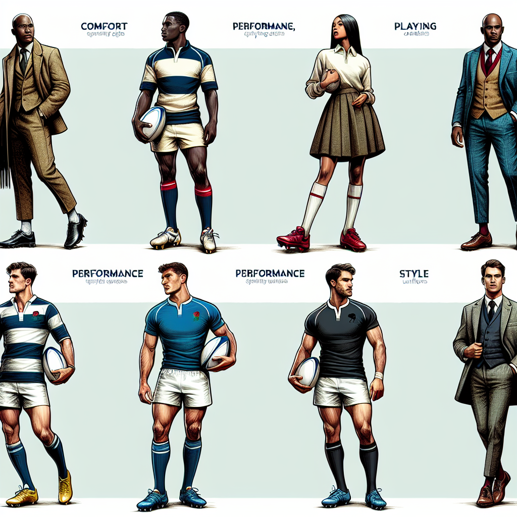 Stunning Rugby Game Outfits: Effortless Style Guide Create an image showcasing various fashionable rugby game outfits. The image should capture a collection of both modern and traditional rugby uniforms, highlighting the comfort, performance, and style aspects. Each rugby uniform should be suited for different climates and playing conditions. Depict four players, each wearing a unique uniform. One is a Caucasian male, another is a black female, the third is a South Asian male and the fourth is a Hispanic female. The image should bring attention to the effortlessly stylish and functional elements of each outfit.
