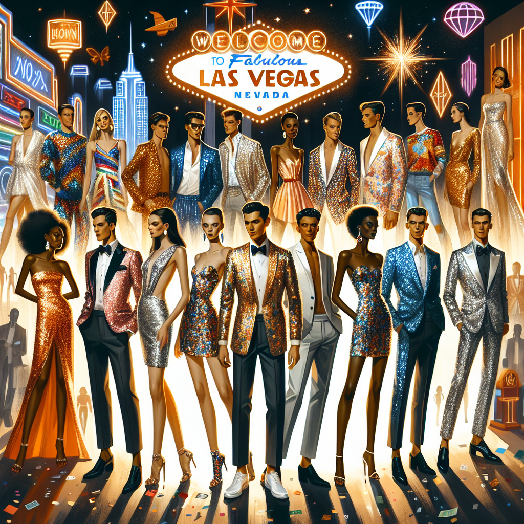 Stunning Las Vegas Party Outfits: Must-Have Looks Create an image showcasing a spread of must-have party outfits inspired by the vibrant culture of Las Vegas. Include a series of ensembles such as sparkling sequined dresses, stylish suits with vibrant patterns, upscale casual wear and chic cocktail attire. The outfits are modelled by a diverse group of individuals, spurring from different descents such as Middle-Eastern, Hispanic, Black, and Caucasian. There are both male and female models to represent all genders. The background is an abstract representation of Las Vegas with bright neon lights, starry night sky, and iconic Las Vegas signs.
