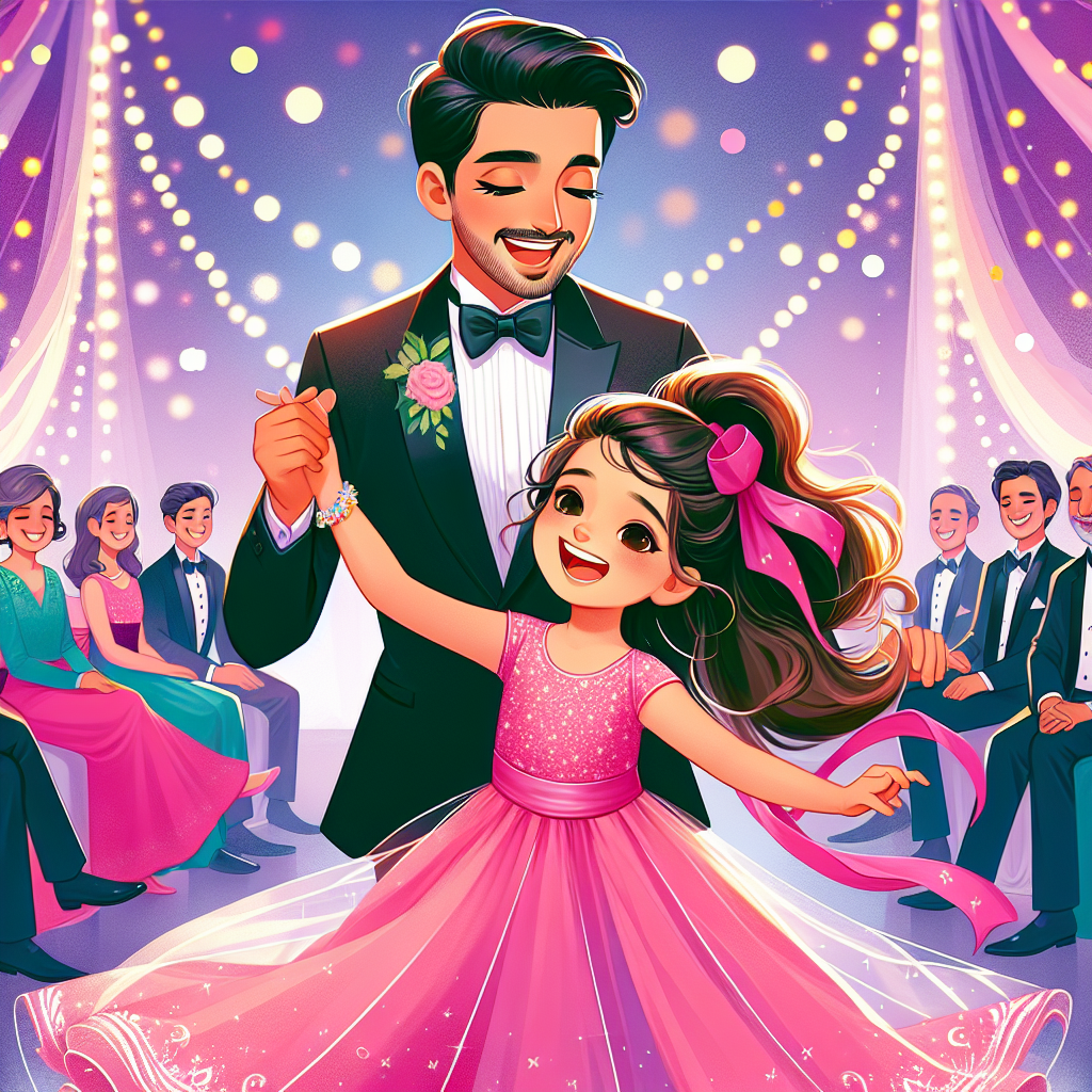 A vibrant illustration of a South Asian father and his daughter joyfully dancing together at a daddy daughter dance event. The father is wearing a classy tuxedo with a tie while the daughter is in a beautiful flowing pink dress, with her hair tied up in ribbons. They are surrounded by soft twinkling fairy lights and onlookers in elegant attires, highlighting the special, joyous atmosphere of the event.