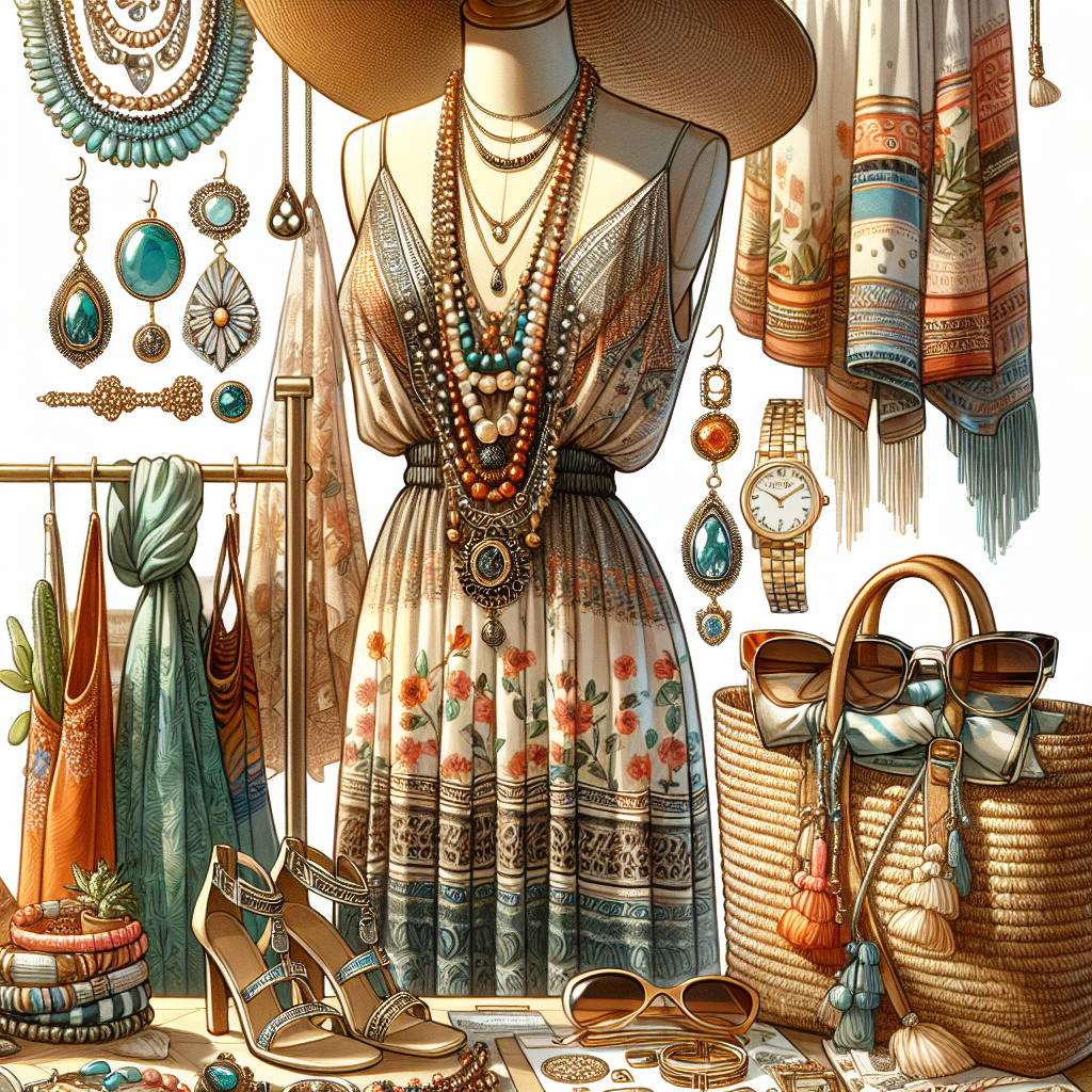 Stunning Must-Have Accessories for Your Sun Dress Illustrate a detailed scene focusing on an array of stunning, must-have accessories that can enhance the appeal of a sun dress. Show a variety of jewellery such as delicate layered necklaces, statement pendant earrings, vibrant beaded bracelets, and vintage-inspired watches. Include other accessories like a trendy straw hat with a wide brim, oversized sunglasses with tinted lenses and patterned frames, a floral print lightweight scarf, strappy sandals with metallic accents, and a chic hand-woven bag. Ensure the accessories complement a breezy, patterned sun dress draped over a dressmaker's mannequin. The setting should be a sunlit, inviting boutique scene.