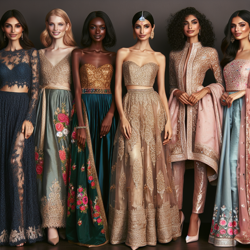 Showcase an array of stylish fashion choices women can embrace for wedding receptions. Picture a range of diverse women with different skin tones: a Caucasian woman wearing a lacy, dark green maxi dress; a Hispanic woman dressed in a dazzling gold silk saree with colorful embroidery; a Black woman donning an elegant blue jumpsuit; a Middle-Eastern woman showcasing a beautiful red kaftan with silver embellishments; and a South Asian woman in a classy pastel pink Anarkali suit. Have them standing together, their smiles as radiant as their outfits. Each ensemble should embody elegance, sophistication, and a celebration of cultural diversity.