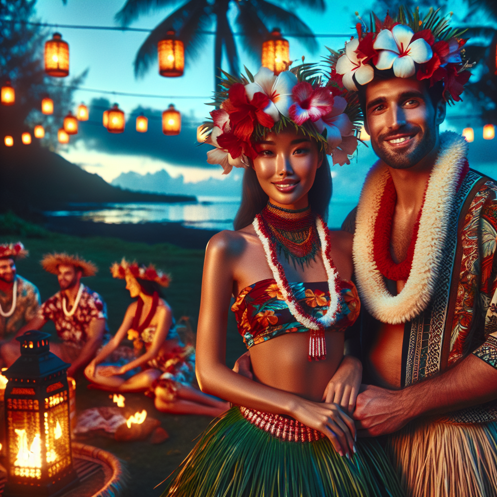 Imagine a vibrant Hawaiian Luau party scene under a twilight sky, lanterns glowing softly in the breeze. In the foreground, an East Asian woman can be seen wearing a breathtaking traditional Hawaiian outfit, adorned with a vivid red and white Hibiscus flower lei and an intricately patterned grass skirt. Next to her, there's a Middle Eastern man dressed in a comfortable loose shirt and brightly colored shorts, also wearing a striking flower lei around his neck. They both have happy, relaxed expressions, radiating the spirit of Aloha. In the background, other party guests, some sitting around a bonfire, can be seen, adding an inviting atmosphere to the image.