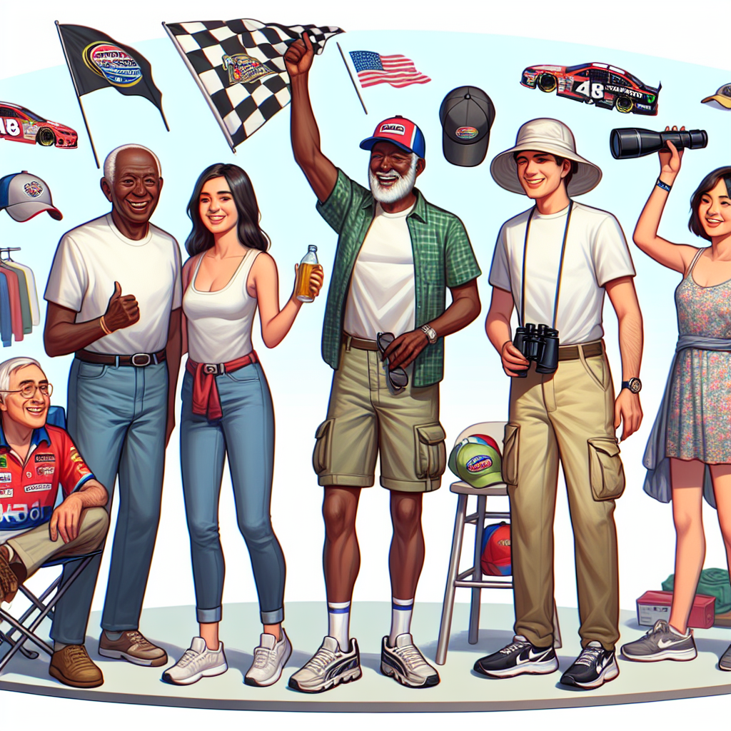 Create an image representing an insightful guide to NASCAR event fashion. This scene should feature a diverse group of individuals showing off their unique yet appropriate styles. To the left, depict an elderly Black gentleman in a casual shirt and jeans, joyously waving a racing flag. Near him, visualize a young Hispanic woman wearing a sports cap, a comfortable sundress, and sneakers. To the right, paint a middle-aged Middle-Eastern man in a white t-shirt, cargo shorts, and comfortable footwear, holding binoculars. Moreover, include various race team merchandise like caps, shirts, and scarves being sold at various booths, symbolizing the fan spirit.