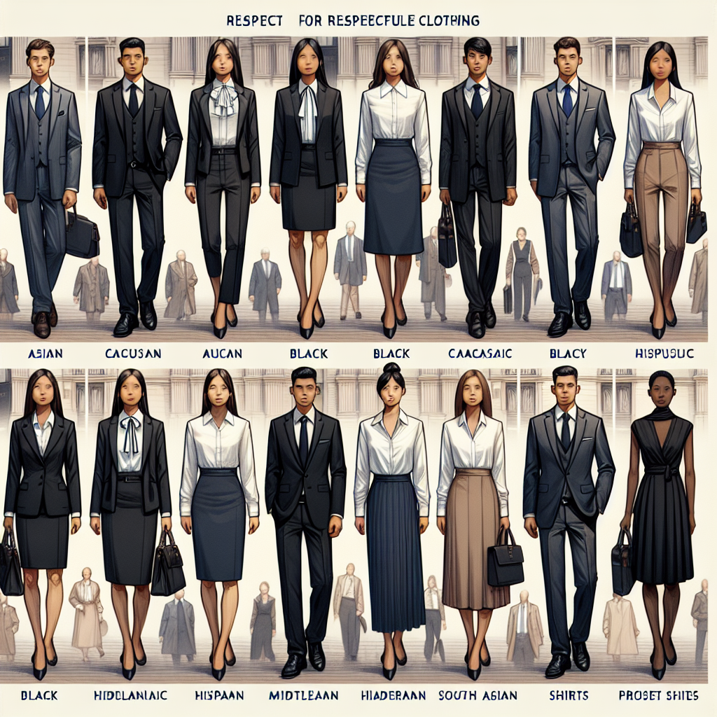 What to Wear to Court: Effortless, Respectful Guide Visualize a collection of sophisticated, respectful clothing suitable for court appearances. Picture an array of different ensembles appropriate for all genders and races. Imagine tailored suits, neat blouses, formal dresses, crisp shirts, and polished shoes. All clothes are in neutral tones such as black, grey, and navy, signifying professionalism and seriousness. Envision Asian, Caucasian, Black, Hispanic, Middle-Eastern, and South Asian people modeling these outfits, demonstrating that respect for legal proceedings is a universal requirement. Add an air of solemnity and respect to the scene.