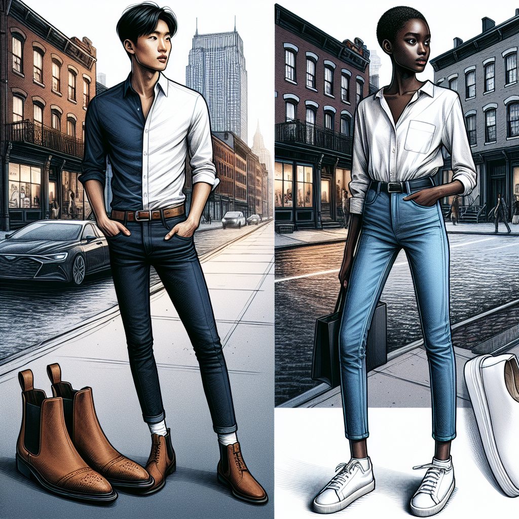 Must-Have Shoes: Effortlessly Style Jeans & Shirt A visual representation of a fashion-forward scene: an East Asian man and a Black woman, both stylishly attired. The man should be wearing a crisp shirt and dark blue jeans, paired with a pair of brown suede Chelsea boots; and the woman should be featuring a casual white button-down shirt, light blue skinny jeans, and a pair of white minimalist sneakers. Both figures are standing on a city street, showcasing their outfits. The backdrop is an urban setting with brick buildings and fashionable boutique shops, illuminating the trendy vibe. The image should emphasize the shoes to represent the article's highlight of 'must-have shoes'.