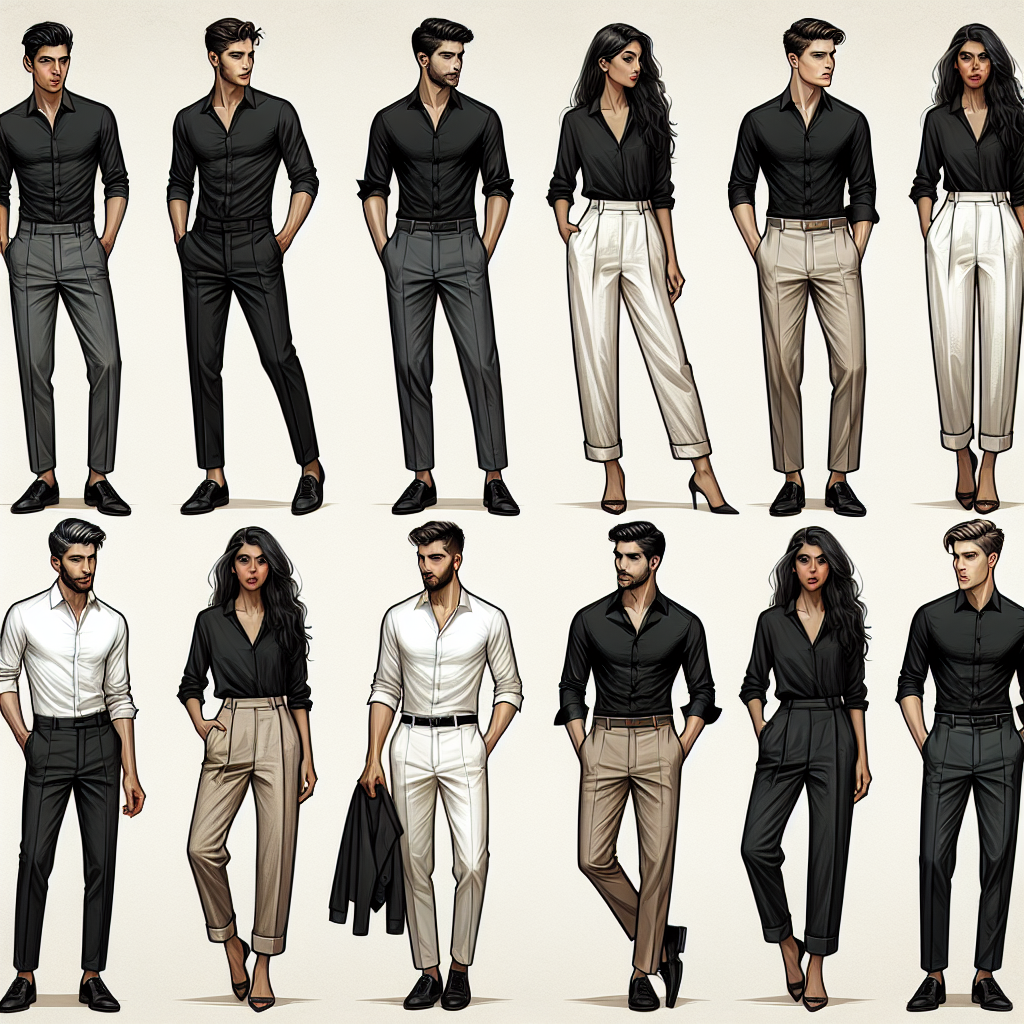 Visualize a collection of must-have outfits for interviews containing a variety of stylish pants paired with black shirts. The first outfit is a combination of a black shirt matched with straight-cut charcoal grey pants on a Middle Eastern man. The second outfit should be a black shirt complemented with crisp white linen pants, worn by a South Asian woman. The third showcases a Hispanic man in a black shirt paired with classy navy blue chinos. Finally, depict a Caucasian woman presenting a black shirt completed with a stylish pair of beige khakis.