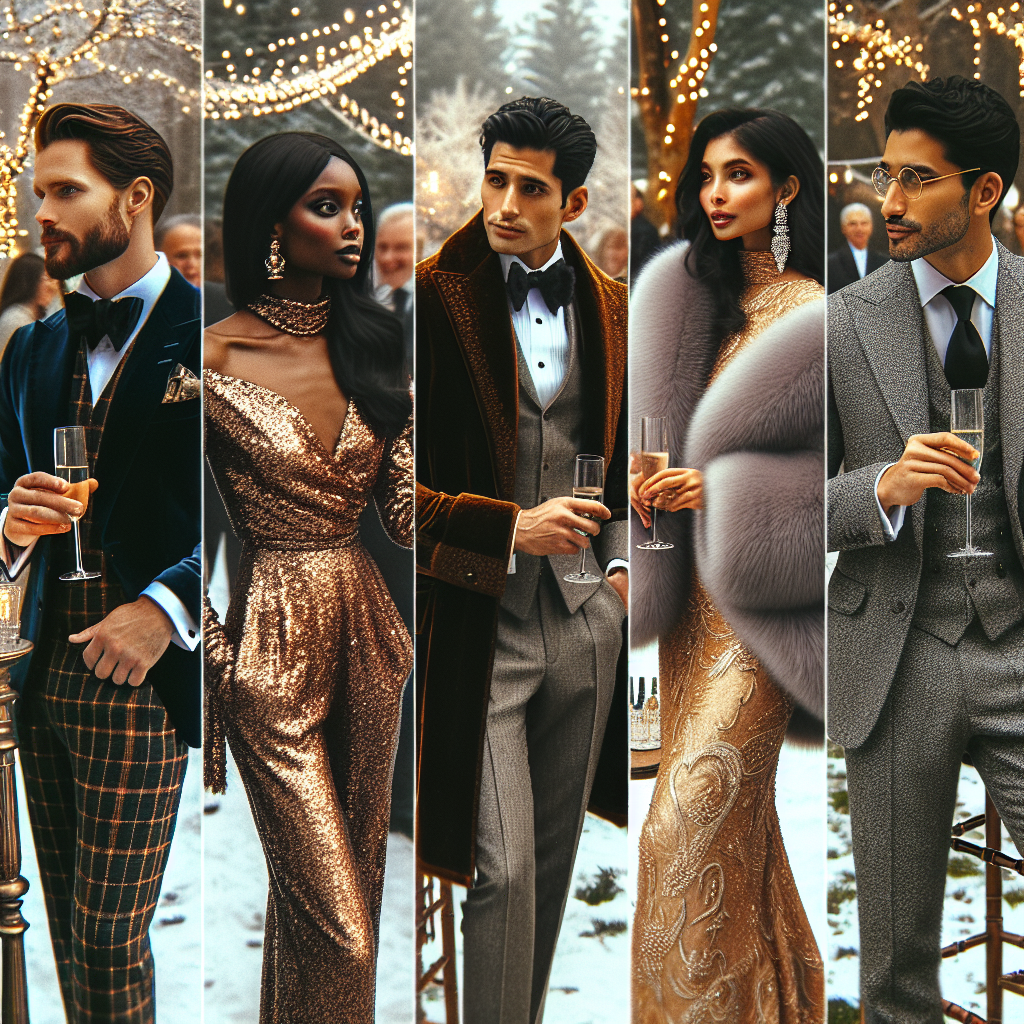 Visualize an elegant outdoor wedding in December. There is snow on the ground and the trees are beautifully decorated with fairy lights. Unisex guests are seen in a varied range of chic wedding attires. An East Asian man in a sophisticated velvet suit is talking to a Black woman elegantly dressed in a sequined gold jumpsuit. Nearby, a South Asian woman draped in a classy saffron sari is paired with a fur shall to keep warm. A Middle-Eastern man, stylishly dressed in a grey tweed suit, is seen holding a glass of champagne. Let the focus be on the fashion detail inherent in each outfit.