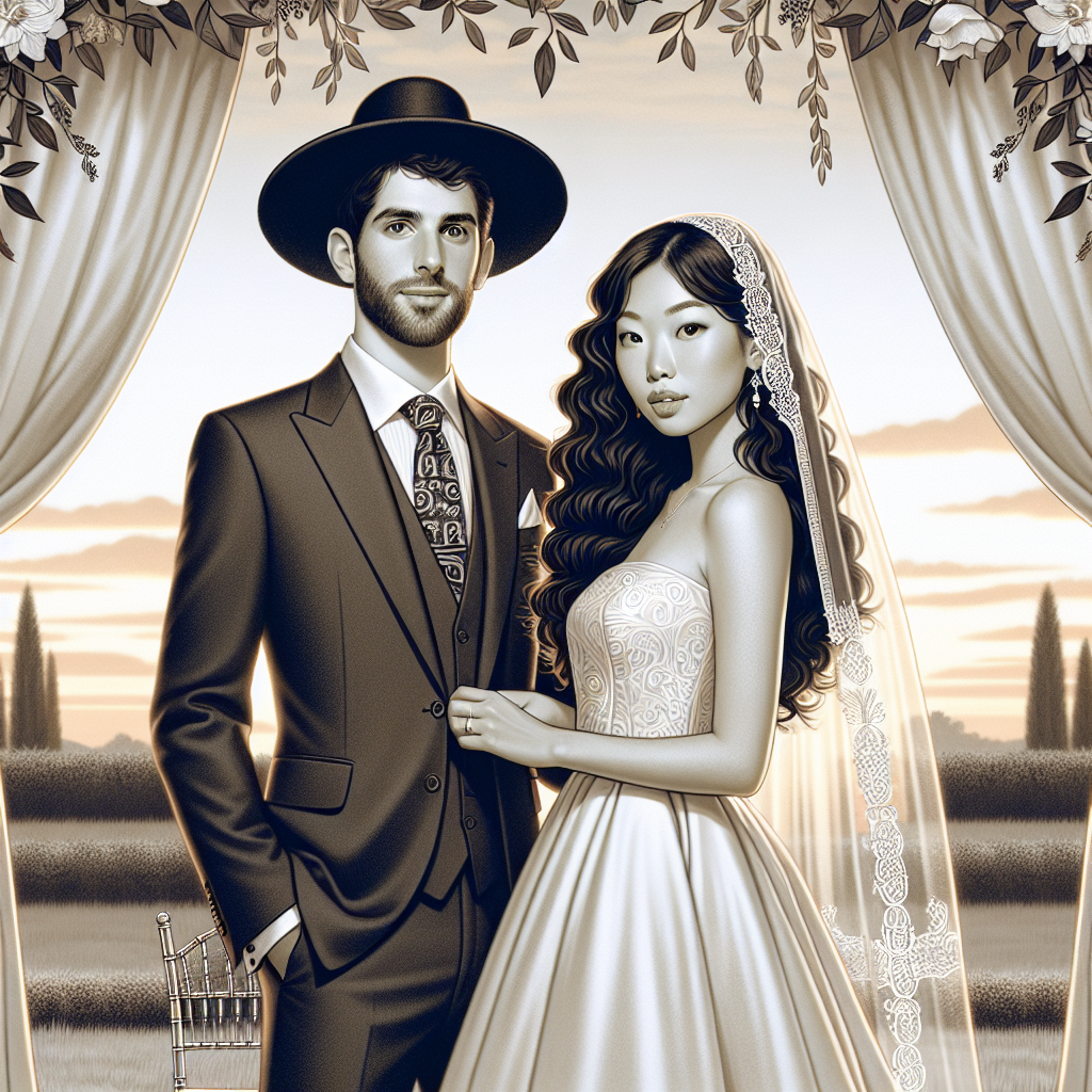 A pictorial representation of a traditional Jewish wedding attire. The image should display an effortlessly chic style. The groom is depicted wearing a yarmulke and a stylish suit, with emphasis on the detailed designs of the tie and pocket square. The bride, an Asian woman, is wearing an elegant white wedding gown characterized by refined simplicity, highlighting a balance between tradition and modernity. She also places a veil gracefully on her curly hair. The couple is standing under a beautifully adorned chuppah, which stands as a symbol of their new home together, against a serene backdrop of a well-kept garden at sunset.
