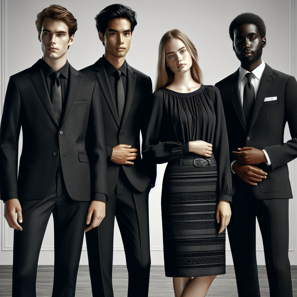 Visual depiction of an array of tasteful and respectful outfits suitable for a funeral. The scene should include four individuals, two men, one Caucasian and one South Asian, and two women, one Hispanic and one Black, all dressed in different types of funeral attire: classical black suit, black dress, dark pattern-free attire and sophisticated subdued ensemble. They are standing together in a neutral setting. Focus on the details of their clothing, material selection and style to display diversity and cultural sensitivity in funeral attire.