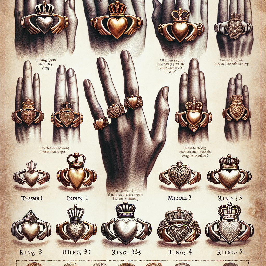 An enlightening visual guide to Claddagh rings, featuring a richly detailed display of various styles suitable for each finger. The image should showcase different high-quality claddagh ring designs, each perfectly proportioned to the finger it's intended for- thumb, index, middle, ring, and pinky. The designs can be intricate, displaying deep symbolism tied to their Irish heritage, with prominent visual elements such as the heart, hands, and crown. The rings should be carefully placed on illustrative hands of different skin tones, from Caucasian to Hispanic to South Asian, highlighting inclusivity. The background can be a soft, antique parchment to emulate a vintage guide feel.