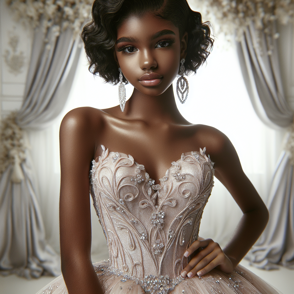 Stunning Sweet Sixteen Attire: Find Your Perfect Look An exquisite Sweet Sixteen attire, imagine a beautiful, floor-length, ball gown. The dress shimmering in a soft blush hue. Intricate lace detailing adorns the bodice, with hand-sewn pearls and crystals adding the perfect touch of glamour. A Black teenager wearing the gown is helping this couture masterpiece come alive. Her hair is styled in elegant, natural curls. She's donning a pair of sophisticated silver earrings that catch the light every time she moves. Her eyes shine bright with the excitement of celebration, causing her to look perfect in her Sweet Sixteen dress.