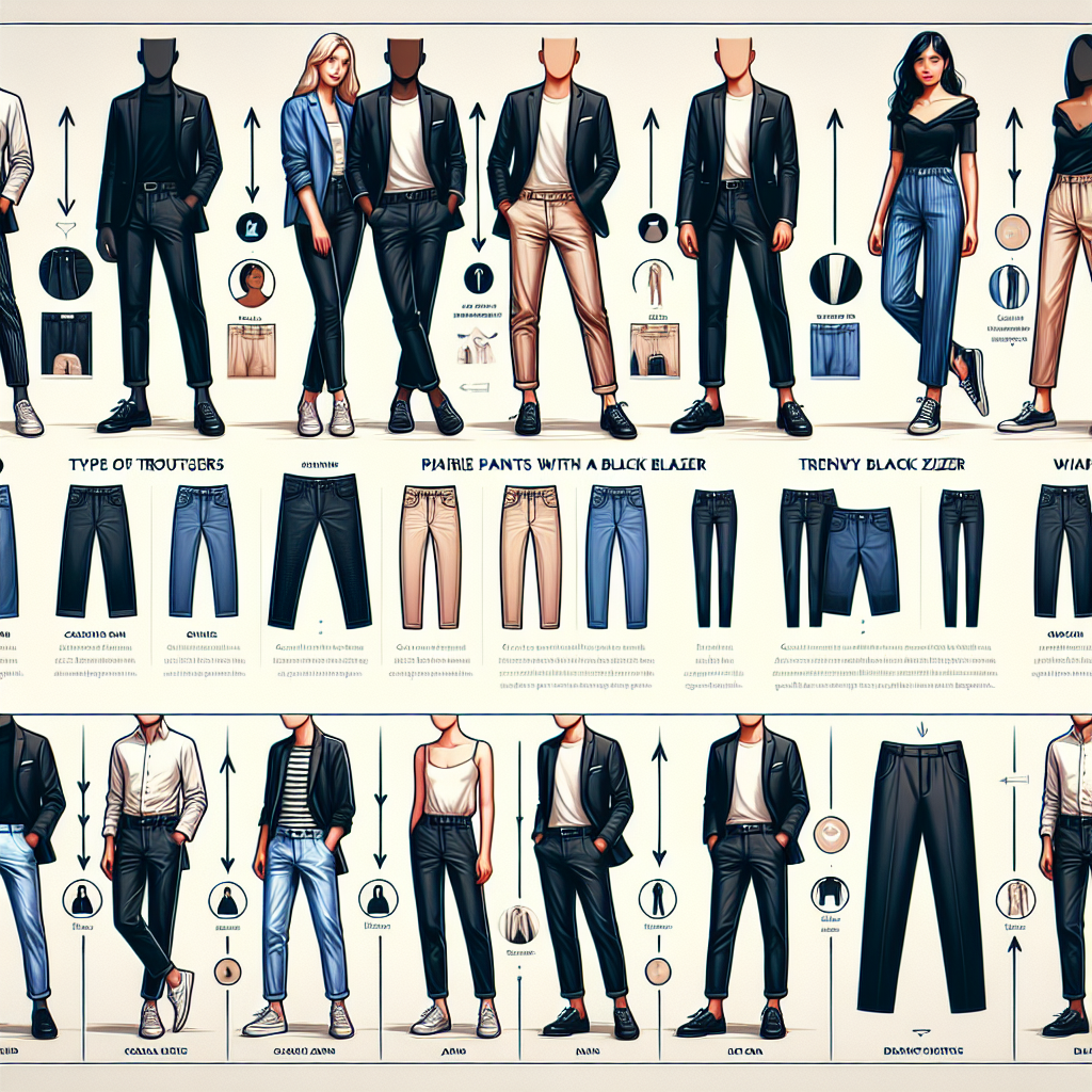 What Pants to Wear with a Black Blazer: Stunning Guide Create an image demonstrating a visual guide on pairing pants with a black blazer. The image includes prominent displays of various styles of trousers that one can pair with a black blazer. The types of trousers should range from formal pinstriped pants, casual jeans, to trendy chinos, showcased by a diverse group of individuals of different genders and descents like a South Asian woman, a Caucasian man, a Black woman, and a Hispanic man. Use arrows and icons to indicate the pairing of the pants to the black blazer. Add text boxes with tips on effectively pairing each type of these pants with a black blazer. The overall style should be fashion magazine-like, clear, and informative.