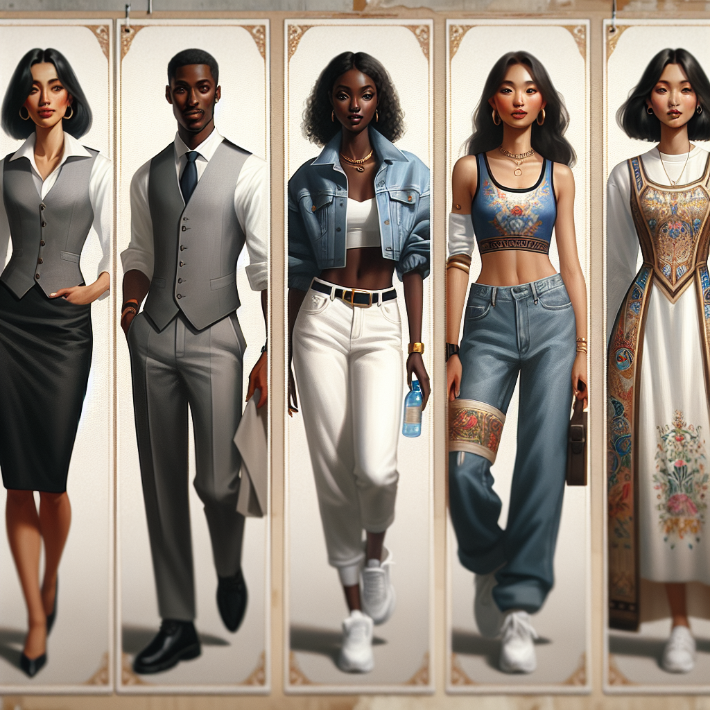 A fashion-forward panorama, set in the year 2024. The focus is a collection of four diverse women, each carrying a unique style. The first woman is a sophisticated Hispanic in a corporate-style gray vest layered over a crisp white shirt, paired with black pencil skirt. The second woman, a confident Black figure, models a casual denim vest outfit complemented with white jeans and bold accessories. The third woman, a sporty Middle-Eastern individual, rocks a chic leather vest over a colorful gym outfit. The last, an elegant South Asian woman, showcases a bohemian style, wearing a delicate, elaborately embroidered vest. Each outfit encapsulates effortless style and fashion.