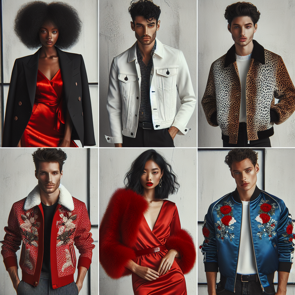 Exclusive Guide: Best Jackets for a Red Dress An expertly curated selection of stylish jackets best suited for a vivid red dress. This ensemble includes: 1) An elegant black blazer worn by a Black woman with curly hair, 2) A crisp, white denim jacket sported by a Middle-Eastern man with a stylish haircut, 3) A chic, leopard print faux fur jacket modelled by an East Asian woman with short hair, and 4) A bold, embroidered blue bomber jacket shown on a Caucasian man with a beard. All models are showcasing a vibrant red dress under their respective jackets, exuding confidence and style. The backdrop is a minimalist, urban setting.