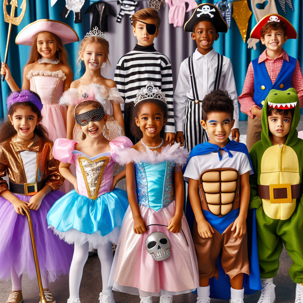 A delightful scene featuring a variety of trendy and vibrant outfit ideas for children's birthday parties. Imagine a colourful display of various dressing themes like fairytale princesses, superheroes, animals, and pirates. Include a Middle-Eastern boy in a pirate's outfit complete with eye patch and striped shirt, a Hispanic girl dressed up as a fairytale princess with a glittering tiara, a South Asian girl in a cute animal costume, a White boy in a superhero outfit showcasing his strength, and a Black boy as a ferocious dinosaur. All the kids are happy and excited, adding to the festive atmosphere. 