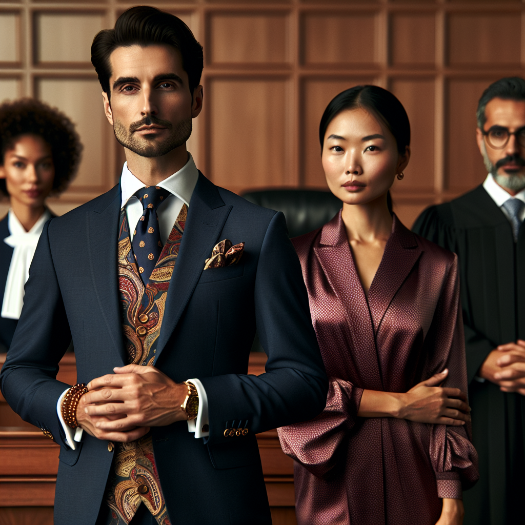 A well-lit courtroom scene showcasing elegant and impressive attire. On one side, we have a confident Hispanic male lawyer, donned in a sharp navy-blue suit with gold cufflinks and a silk, paisley print tie. On the other, an Asian female lawyer radiates power in a tailored burgundy pantsuit, her outfit further embellished with a classy pearl necklace. The judge, a Middle-Eastern woman, commands respect in her black robe; her glasses balanced delicately at the tip of her nose. A Caucasian jury member woman stands out in a blaze of color with her pale green dress. Your attention to these outfits signals professionalism and respect for the court proceedings.