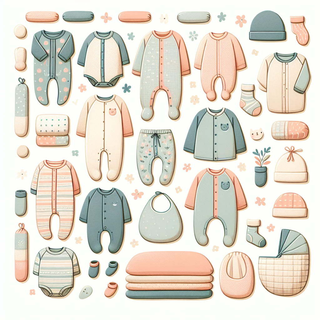 Essential Sleepwear for Newborns: Cozy & Safe Choices Display an image showcasing a variety of infant sleepwear items. Arrange them in an aesthetically pleasing manner. There should be an assortment of footed pajamas, swaddle blankets, and onesies in varied colors and patterns. Include baby sleeping bags and wearable blankets. Choose muted and delicate hues to communicate the sense of safety and coziness. The designs should be generic and gender-neutral, suitable for all babies. Plump, safe cushions in pastel colors could form a gentle backdrop. The sleepwear should seem to be made from soft, comfortable fabric emphasizing warmth, safety, and comfort for newborns.