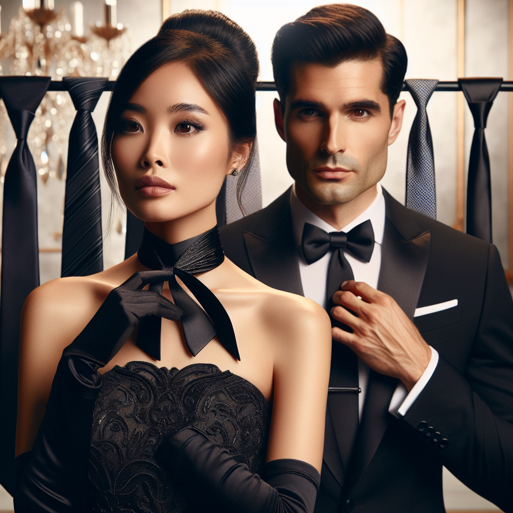 Imagine an elegant and sophisticated setting. In the middle, you will find an Asian woman wearing an exquisitely tailored black dress, paired with an elaborately designed black tie. Alongside her, a Hispanic man dressed in a black tuxedo, smoothly adjusting his black tie. Their impeccable looks reflecting a mix of classic fashion and modern styles. The background could be a softly lit room with crystal chandeliers, displaying an array of black ties on a stand, each showcasing different knot styles and fabric textures. The scene representing a practical guide to black tie etiquette and style.