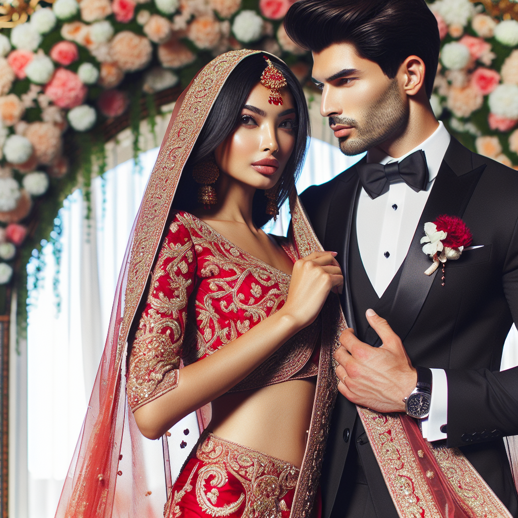Stunning Wedding Outfits: Effortlessly Impress A sophisticatedly dressed woman, of South Asian descent, in a traditional red wedding saree with intricate gold embroidery flowing around her. She is complimented by a handsome man, of Hispanic descent, in a black tailored tuxedo and a crisp white shirt. They are both engrossed in each other's eyes against the background of a beautifully decorated floral arch symbolic of a wedding atmosphere.