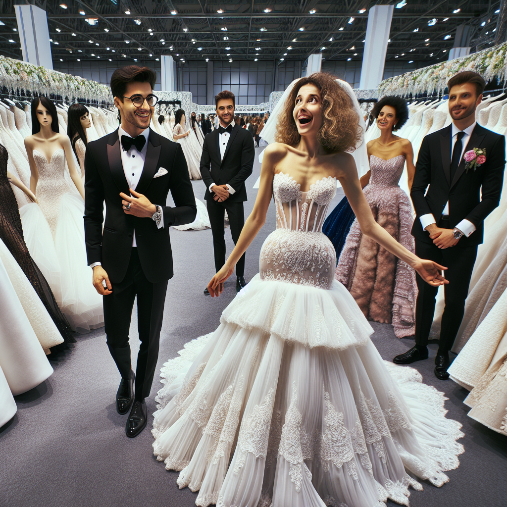 Picture a grand wedding expo scene packed with a variety of breathtaking wedding outfits. On one side, imagine a man of East Asian descent trying on a well-tailored, classic black tuxedo, his face displaying excitement. Beside him, a Caucasian woman, with her curly hair tied up, is presenting herself in an awe-inspiring, strapless white wedding dress with lace detailing and a long train. In the background, various prospective brides and grooms of different ethnicities, some Hispanic, some Middle-Eastern, some South-Asian, all engage in conversations with fashion consultants, each in their own perfect wedding attire. Capture the buzz and enthusiasm of the scene, resonating with the splendor of the outfits.