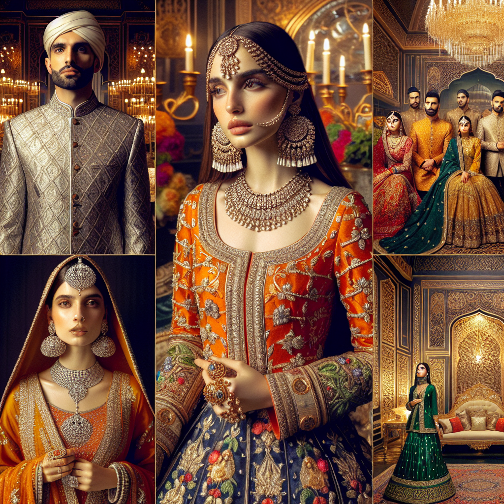A montage showcasing a diverse assortment of must-have outfits traditionally worn at Pakistani weddings. Display a palette of vivid colours and intricate detailing. Feature an elegant, silver-coloured Sherwani worn by a Middle-Eastern man, a young South Asian woman in a vibrant orange and gold Lehenga paired with chunky, gold jewellery, and a Caucasian woman wearing a deep green Saree with a detailed, gold border. The outfits are accentuated with traditional accessories, such as Jhumkas, Payals, and Maang Tikkas. Also, showcase an opulent background of a lavishly decorated wedding venue.