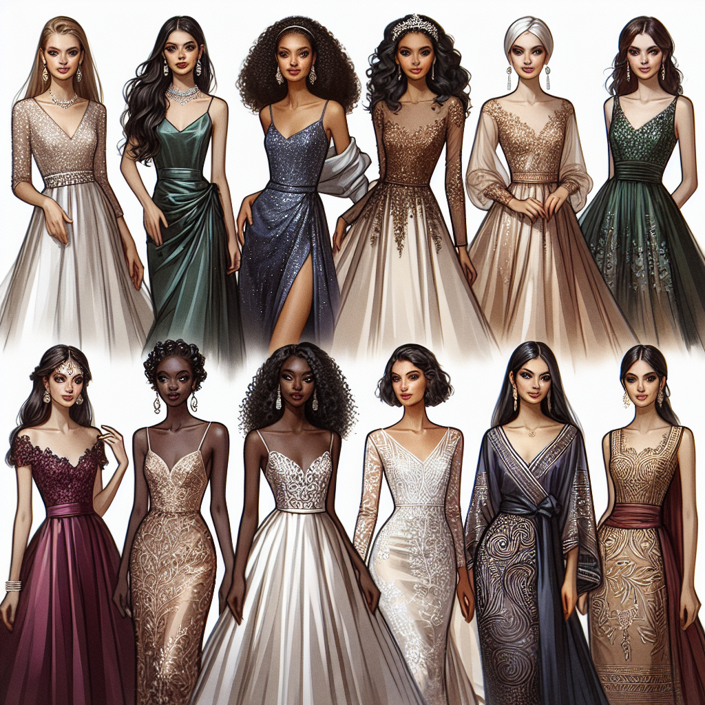 Visualize an array of formal attires for a wedding event that women can opt for. Picture a Caucasian woman elegantly clad in a flowing silk gown adorned with intricate sequin detailing. Next to her, envision a Hispanic woman showcasing an elegant satin sheath dress, complemented by a delicate pearl necklace. Next, a Black woman is wearing a sophisticated lace dress in a deep jewel tone. Alongside them, there's a Middle-Eastern woman adorned in an elegant A-line dress with an embroidered bodice. Lastly, a South Asian woman in a modernized version of traditional attire with rich embroidery.