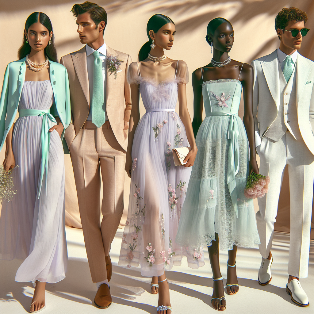 Must-Have Outfits for a Daytime Summer Wedding An ensemble of chic must-have outfits suitable for a daytime summer wedding styled in pastel colors for a radiant look. Visualize a Caucasian woman elegantly clad in a flowing mint dress, with dainty pearl accessories. Next to her, an Asian man in a light tan summer suit, with a seafoam green tie complementing the ensemble. A black woman stands with grace in a lavender tea-length dress with floral details, and a Middle-Eastern man showing off a dapper look in a white linen suit, paired with pastel pink shirt. Notice the soft hues of the wardrobe in the warm sunlight to evoke the summery feel.