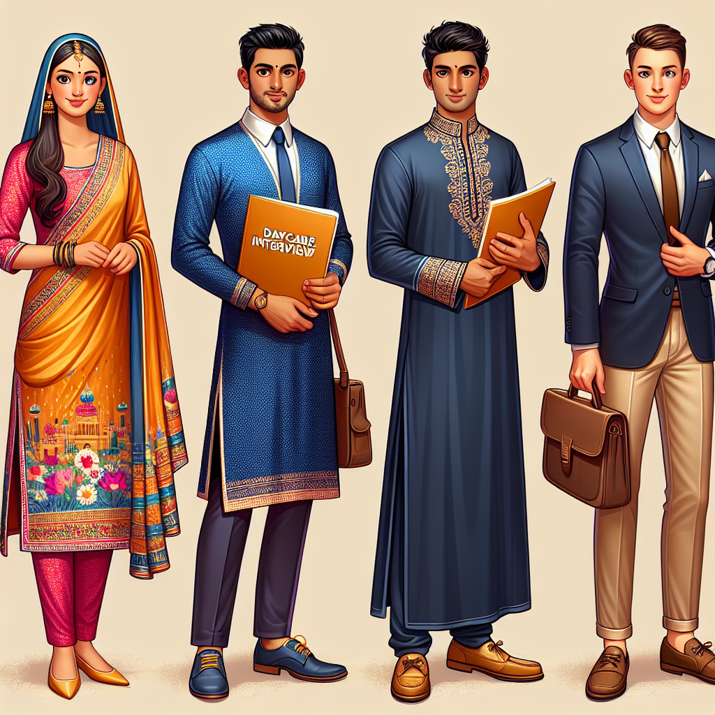 Dress for Success: Stunning Outfits for Daycare Interviews Imagine an array of smart, professionally dressed individuals preparing for daycare interviews. A South Asian woman maintains her cultural roots, wearing a vibrant silk salwar kameez, accessorized with simple gold jewelry. Next, visualize a Mid-Eastern man in an elegant navy-blue kaftan, enriched with intricate detail, embodying a command of respect and authority. Lastly, concentrate on a Caucasian man portraying the modern style in a fitted navy blazer, white shirt, and khaki pants, paired with brown loafers. All holding portfolios expounding their skills, displaying a balance of professionalism and warmth.