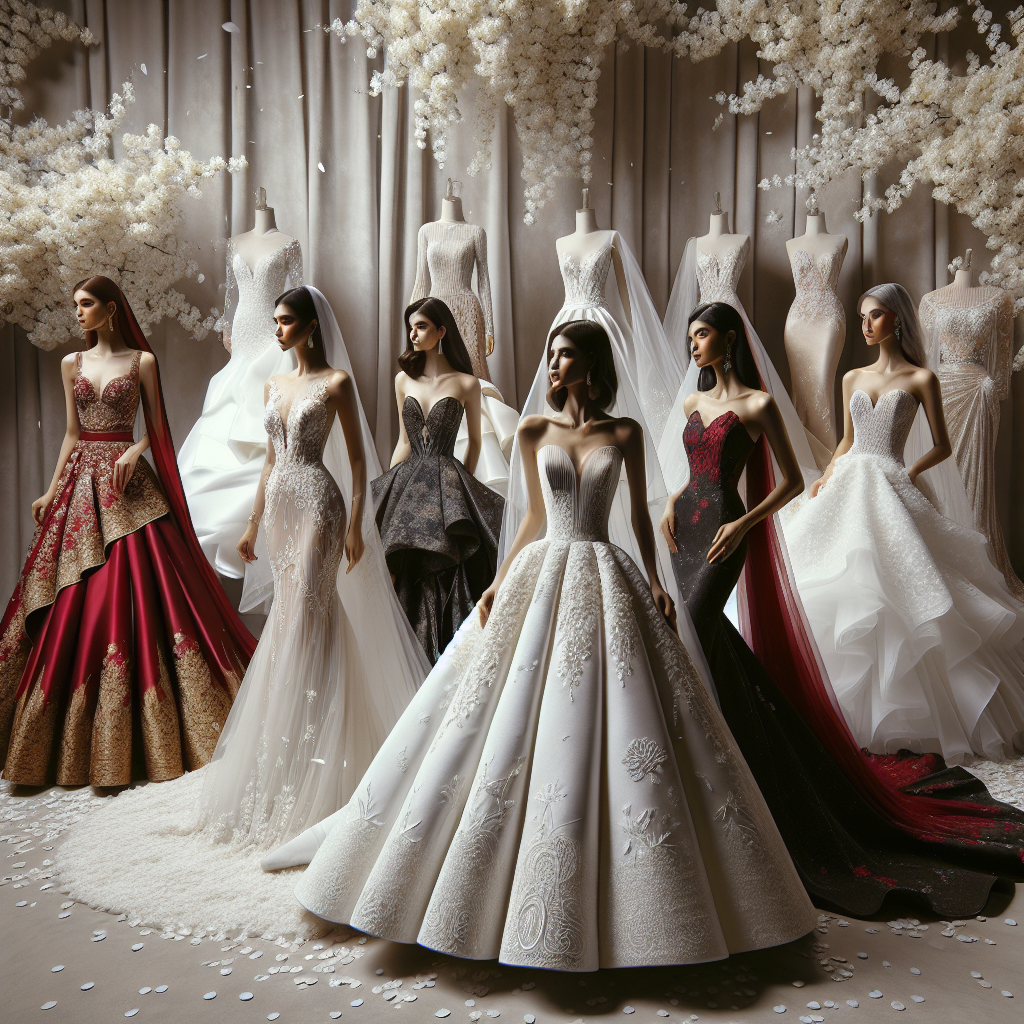 A breathtaking display of various wedding dresses for women. To the left, an elegant sari in deep red and gold for a South Asian bride. In the center, a classic sleeveless white ball gown with an intricate lace design for a Caucasian bride. To the right, a stylish black mermaid style dress with silver accents for a Hispanic bride. Each ensemble is thoughtfully accessorized with veils, jewelry, and shoes to complete the look. The outfits are displayed against a backdrop of gently falling cherry blossom petals. It's a showcase of diversity in wedding fashion worldwide, finding that perfect match for each individual bride.
