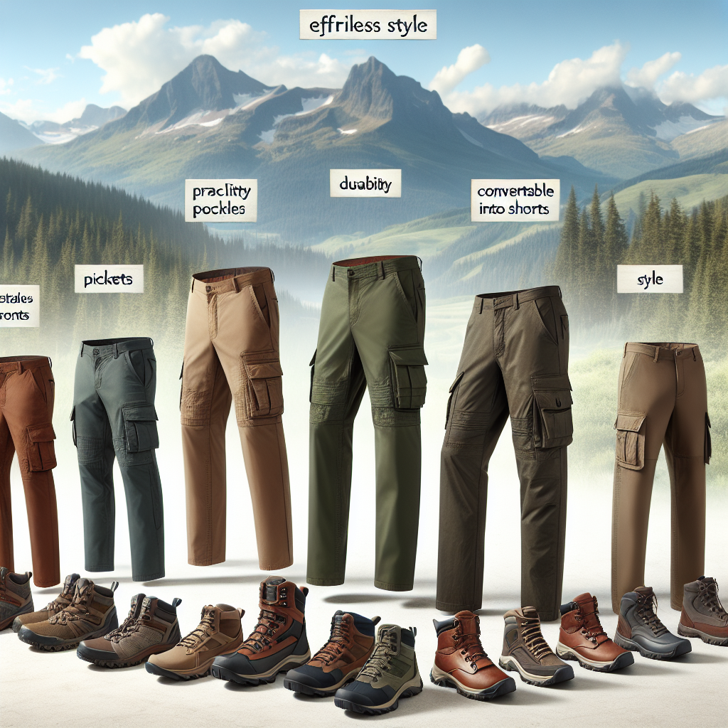 Stunning Hiking Pants for Men: Effortless Style Visualize an assortment of hiking pants for men laid out in a natural outdoor environment with serene mountain vistas in the background. These trousers should demonstrate diversity, covering different styles suitable for varied personal styles and weather conditions. Some could be cargo-style with ample pockets, while others can be convertible into shorts. However, they all should exemplify practicality, durability, and style, with colors predominantly earth tones, including shades of green, brown, navy, and gray. To manifest 'effortless style,' some pants should be styled with hiking boots and a casual outdoor shirt, symbolizing a ready-for-adventure look.