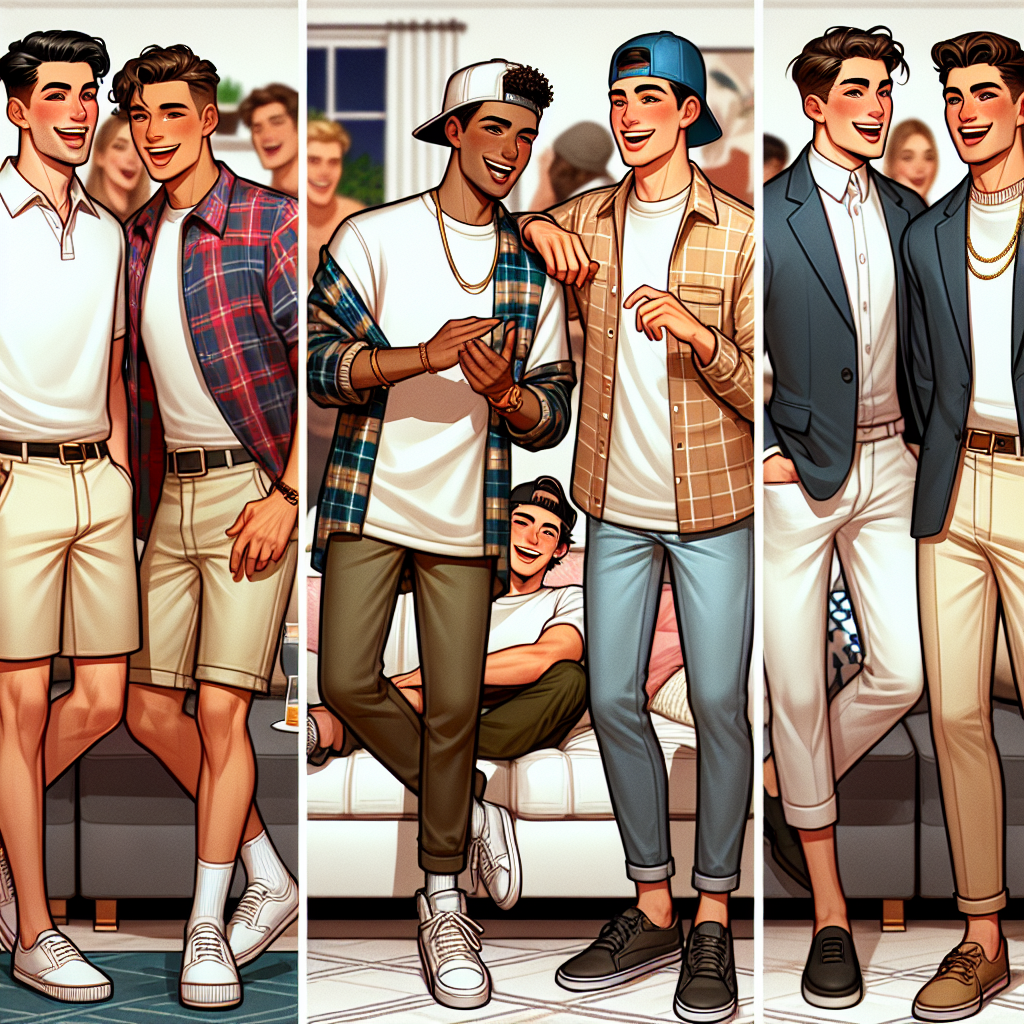 Must-Have Looks for Guys at Frat Parties Visualize a stylish and trendy party scene where four young men of differing descents: Caucasian, Hispanic, Black, and Middle-Eastern, are socializing. Each individual represents a unique style look fit for frat parties: 1. A guy in a relaxed style with a polo shirt and khaki shorts, 2. a man showcasing a hip urban look in a backwards baseball cap and flannel shirt over a white, loose-fit t-shirt, jeans and sneakers, 3. a man in a classic frat style wearing a button-down shirt, jeans and loafers, and 4. a man in a casual chic style, a graphic t-shirt with a blazer, slim jeans and cool sneakers. They are all laughing and interacting in a well decorated room indicative of a house party setting.